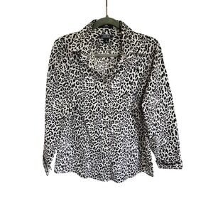 Lands End 12 Button Up Blouse Leopard Animal Print‎ No Iron Supima Cotton NWOT